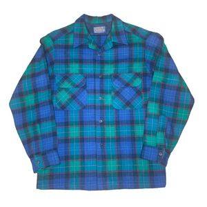 Vintage 70's Pendleton‎ Board Shirt Green Blue Plaid Long Sleeve Mens Sz M USA